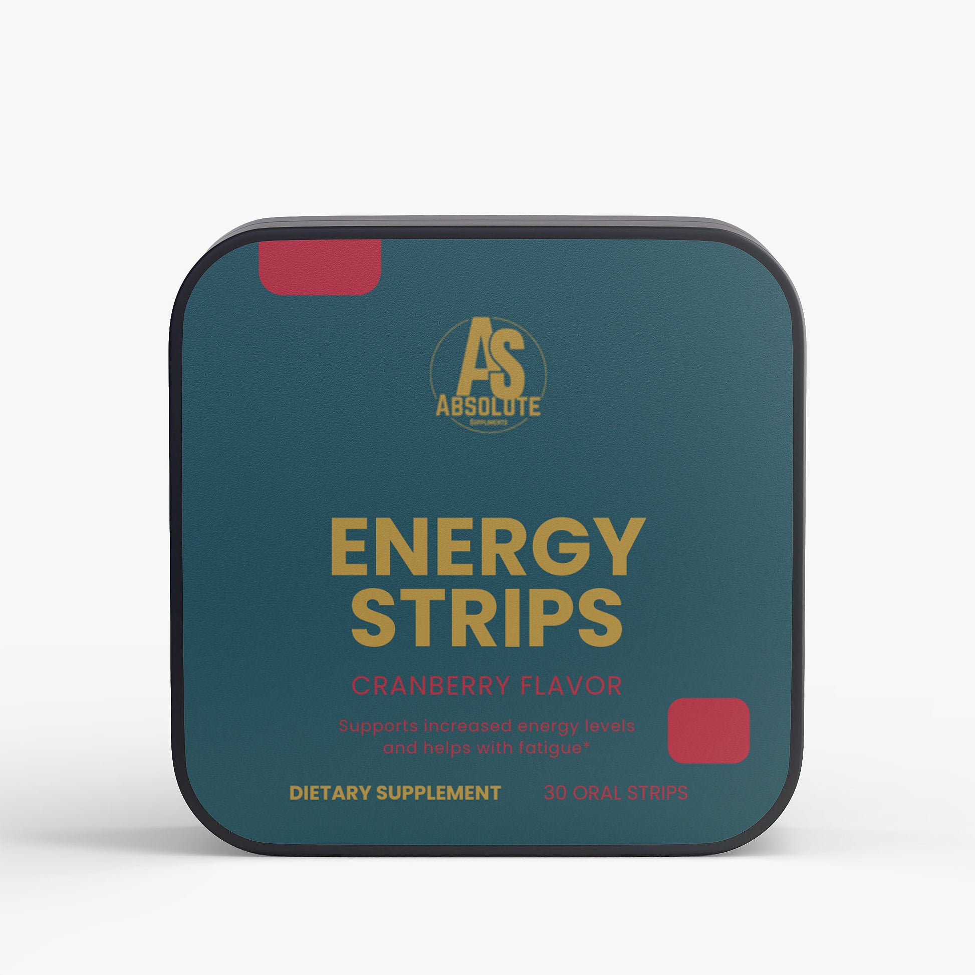 Tin of Absolute Energy Strips with cranberry flavor on a white background. Supplement. Energy. Tennis. Football. Running. Triathlon. Athlete