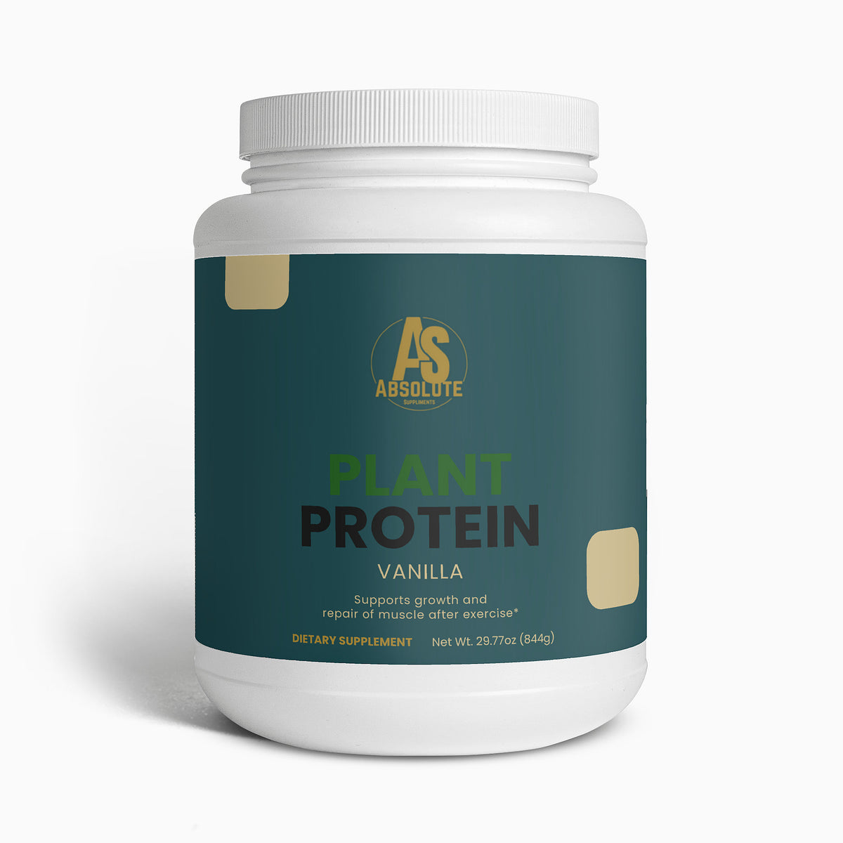 White container of Absolute Nutrition plant protein powder on a white background. Supplement. Energy. Tennis. Football. Running. Triathlon. Athlete