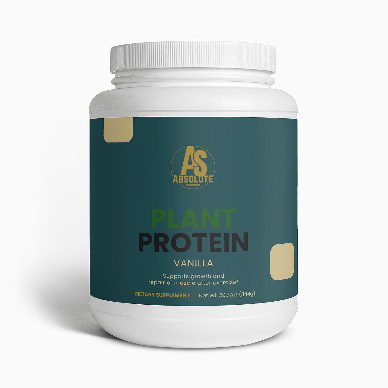 White container of Absolute Nutrition plant protein powder on a white background. Supplement. Energy. Tennis. Football. Running. Triathlon. Athlete