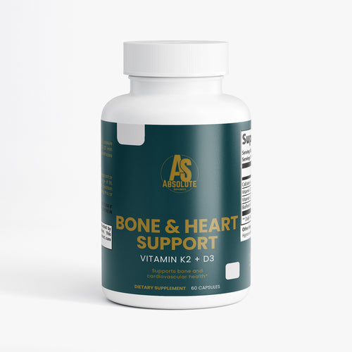Supplement bottle labeled 'Bone & Heart Support' with Absolute brand on a white background.  Supplement. Energy. Tennis. Football. Running. Triathlon. Athlete