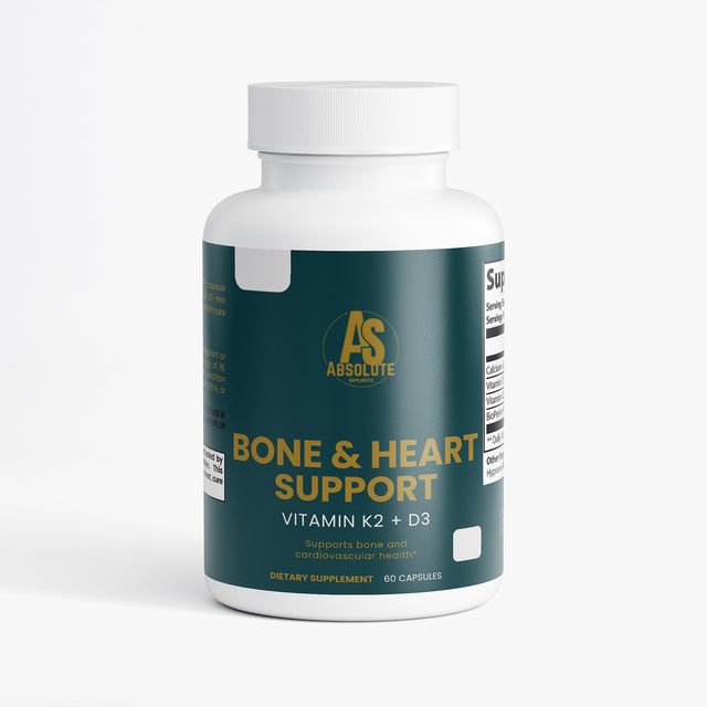 Supplement bottle labeled 'Bone & Heart Support' with Absolute brand on a white background.  Supplement. Energy. Tennis. Football. Running. Triathlon. Athlete