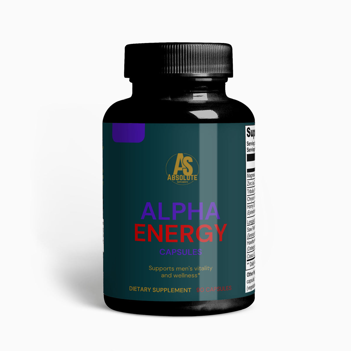 Supplement bottle labeled 'Alpha Energy' on a white background. Supplement. Energy. Tennis. Football. Running. Triathalon. Athlete