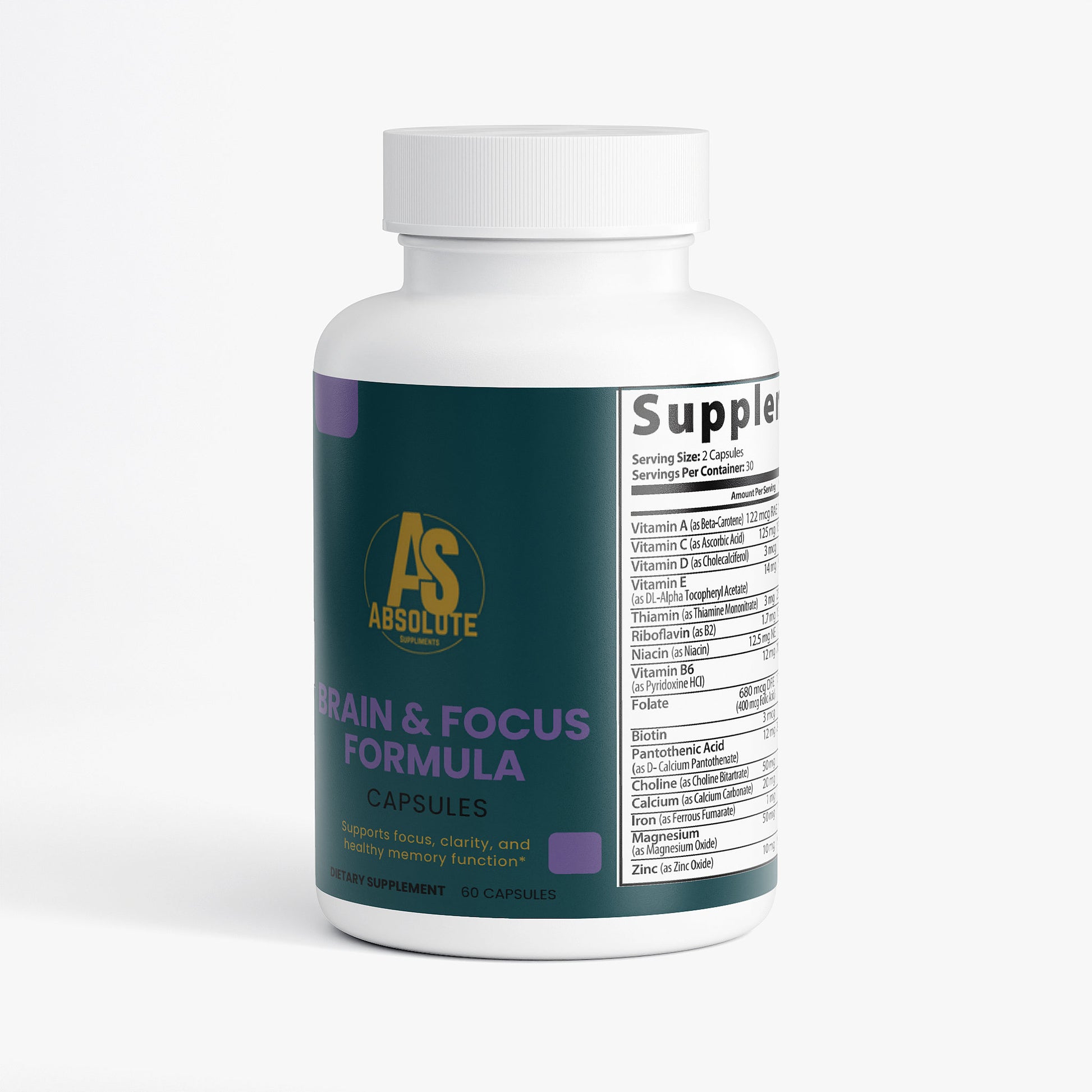 Supplement bottle labeled 'Brain & Focus Formula' on a white background. Supplement. Energy. Tennis. Football. Running. Triathlon. Athlete