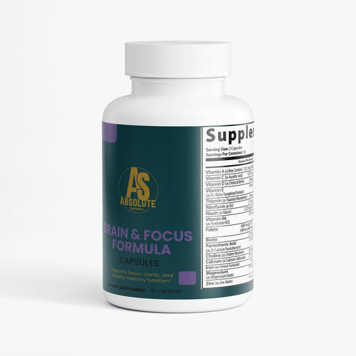 Supplement bottle labeled 'Brain & Focus Formula' on a white background. Supplement. Energy. Tennis. Football. Running. Triathlon. Athlete