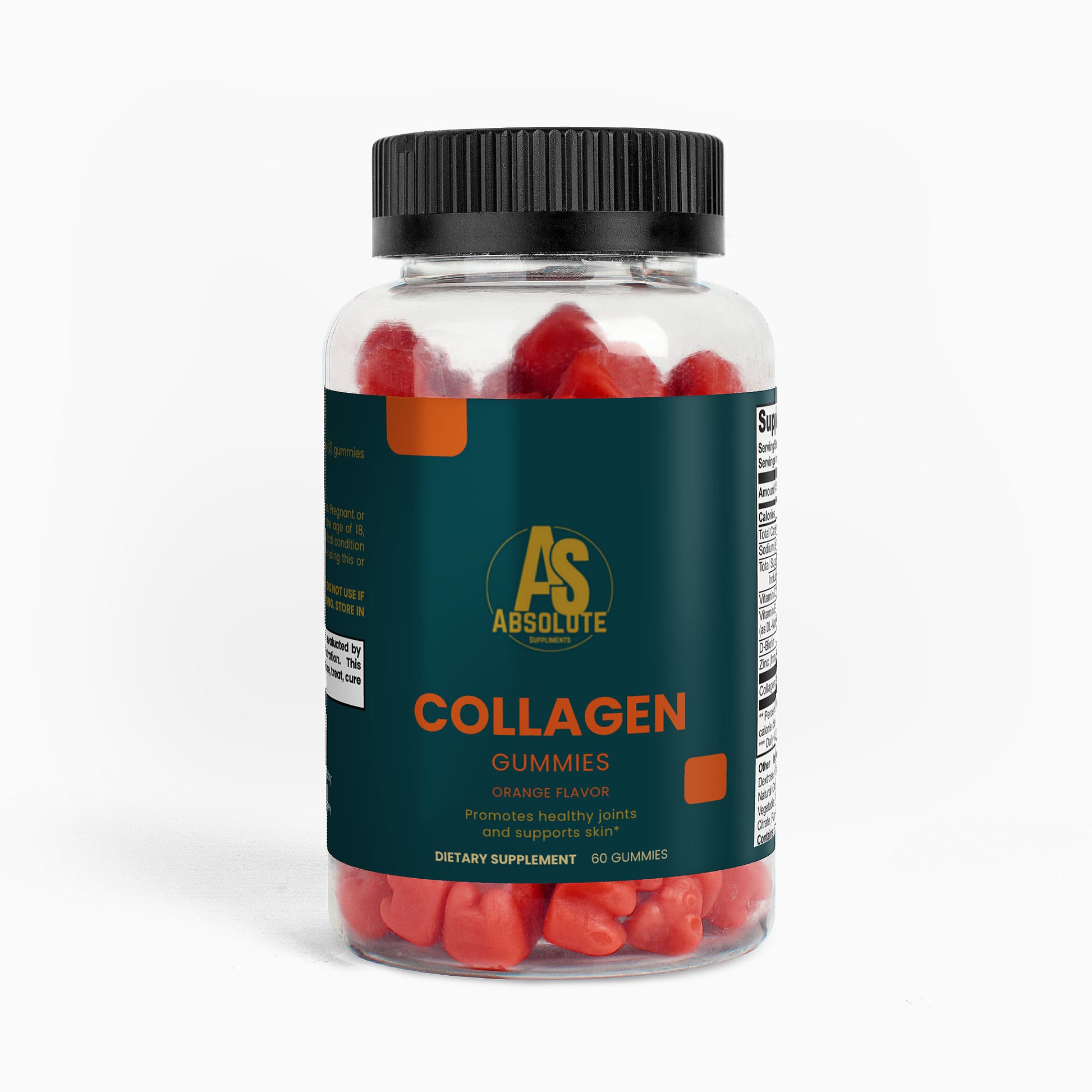 Bottle of Absolute Collagen Gummies on a white background. Supplement. Energy. Tennis. Football. Running. Triathlon. Athlete