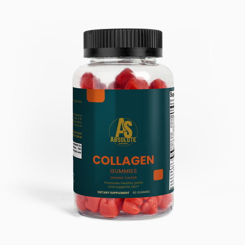 Bottle of Absolute Collagen Gummies on a white background. Supplement. Energy. Tennis. Football. Running. Triathlon. Athlete