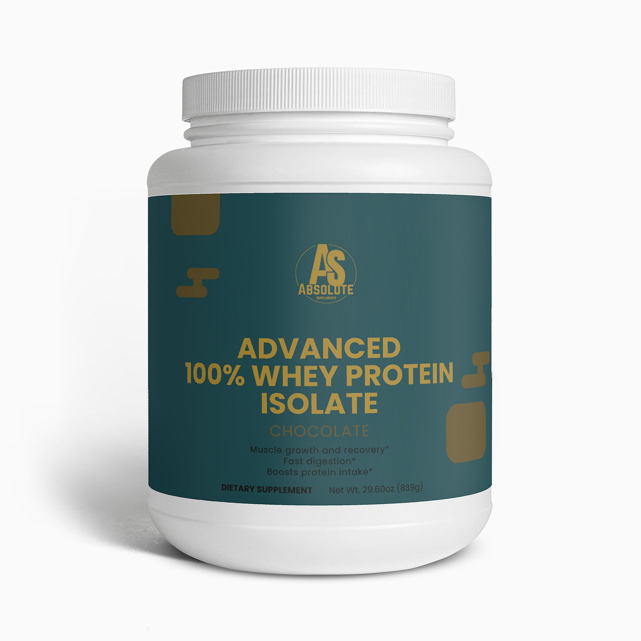 Container of Absolute Advanced 100% Whey Protein Isolate on a white background. Supplement. Energy. Tennis. Football. Running. Triathlon. Athlete
