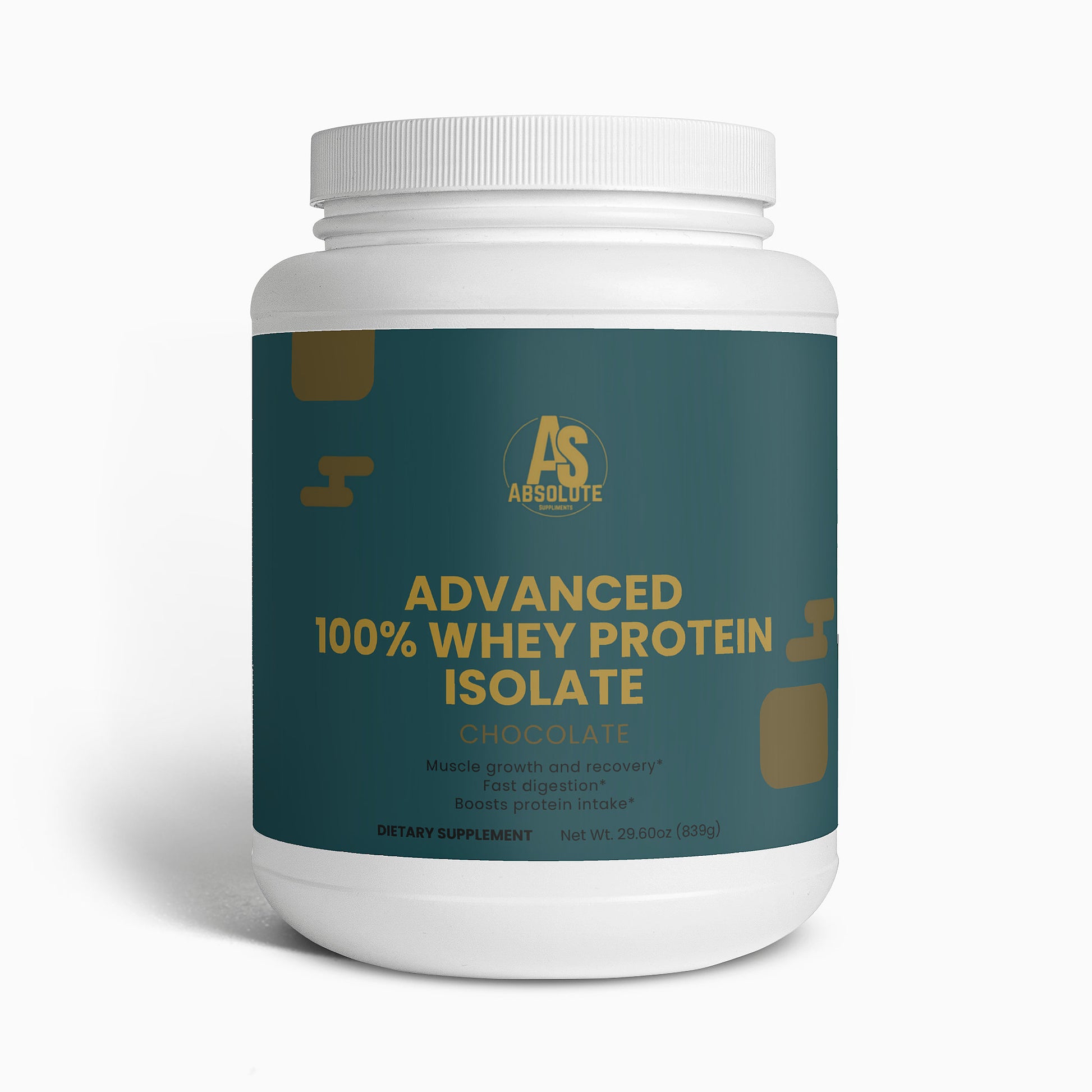 Container of Absolute Advanced 100% Whey Protein Isolate on a white background. Supplement. Energy. Tennis. Football. Running. Triathlon. Athlete