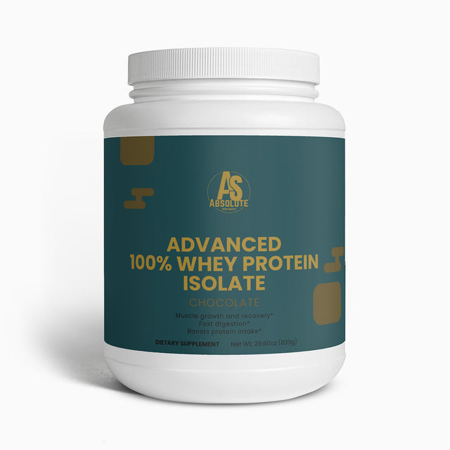 Container of Absolute Advanced 100% Whey Protein Isolate on a white background. Supplement. Energy. Tennis. Football. Running. Triathlon. Athlete
