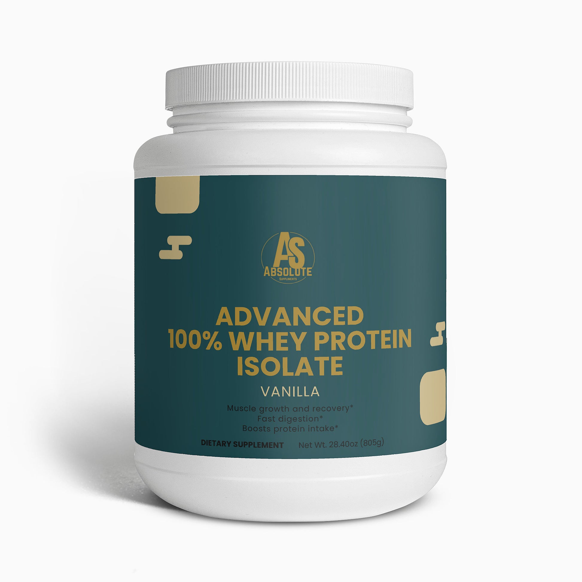 White container of Absolute Nutrition Advanced 100% Whey Protein Isolate Vanilla on a white background. Supplement. Energy. Tennis. Football. Running. Triathlon. Athlete