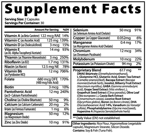 Supplement facts label with detailed nutritional information on a white background. Supplement. Energy. Tennis. Football. Running. Triathlon. Athlete